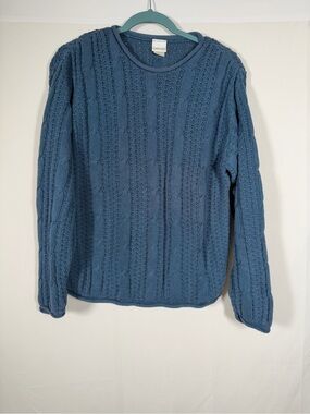 Vintage Roll Neck Blue Cable Knit Crewneck Sweater Fisherman Nautical Coastal